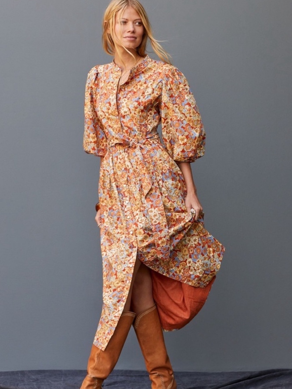 Anthropologie Love The Label Floral Maxi Dress with Tie Waist & Pearl Snaps